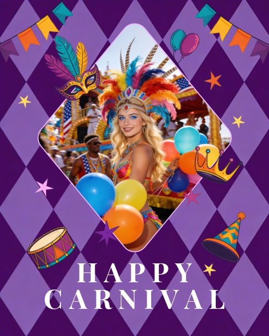 Violetter Hintergrund mit Rautenmuster und einem zentralen Diamant-Ausschnitt. Karnevalsdeko wie Maske, Trommel, Ballons und Text 'Happy Carnival'.