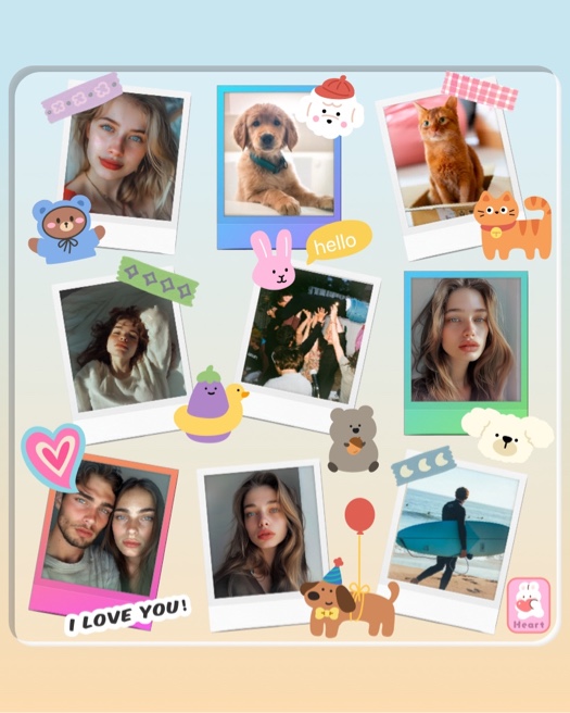 Kawaii scrapbook collage with 9 polaroid frames, cute animal stickers, and colorful washi tape on a pastel background.