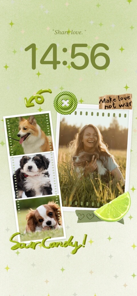 Eine hellgrüne DIY-Wallpaper-Vorlage im Scrapbook-Stil mit Filmstreifen und Polaroid-Rahmen für eigene Fotos.