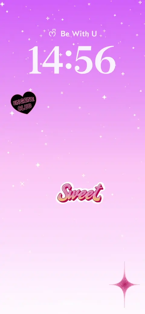 A purple gradient live wallpaper template featuring white sparkles, a black heart with 'ENGENE CLUB' text, and a 'Sweet' sticker, designed for custom lock screen editing.