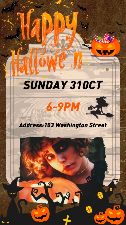 A Halloween invitation collage template with a rustic wood background, featuring orange pumpkins, black bats, a witch silhouette, and a photo of a person with spooky makeup. Text says 'Happy Halloween Sunday 31 Oct'.