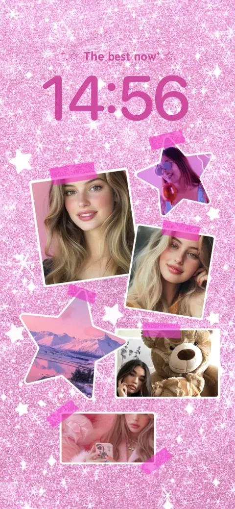 Ein funkelnder rosa Glitzerhintergrund mit anpassbarer Fotocollage, Sternrahmen und rosa Klebestreifen.