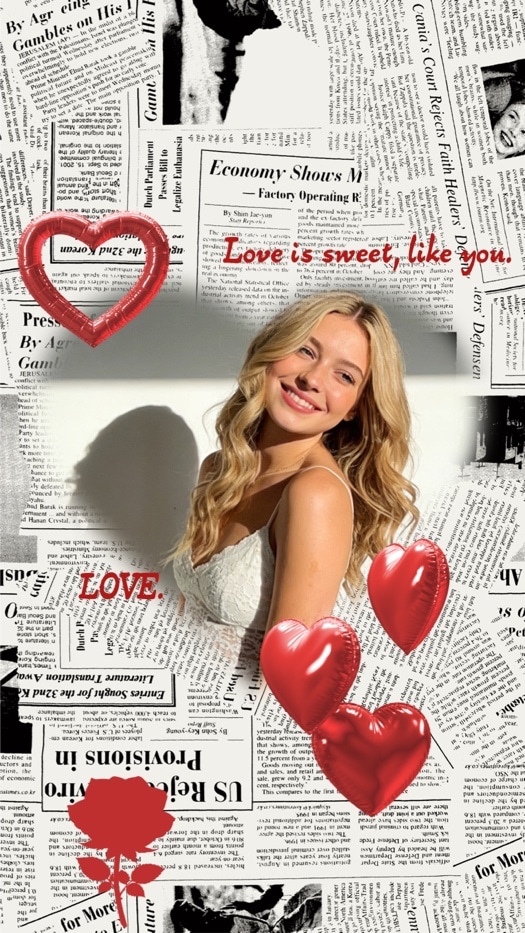 Vintage newspaper photo collage with red heart balloons, a red rose, and a placeholder for one vertical portrait.