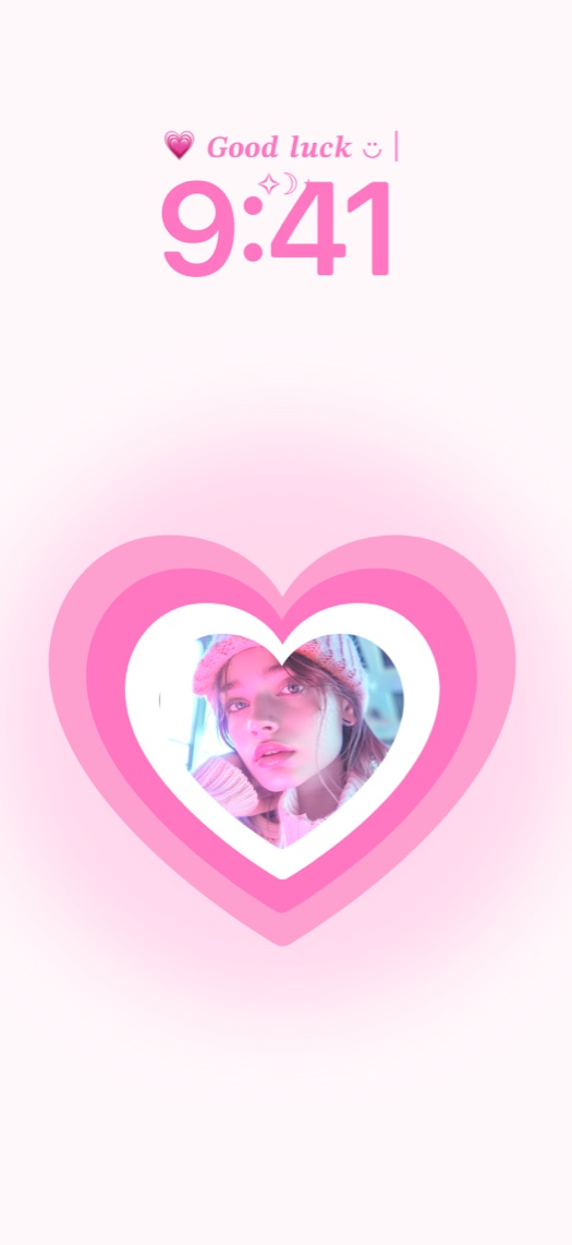 Customizable pink heart aesthetic phone wallpaper template with a photo placeholder and soft gradient background.