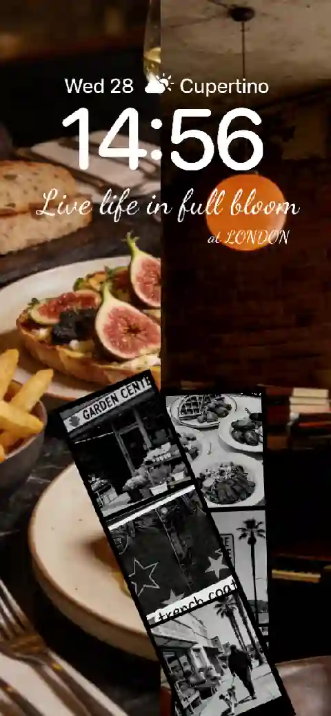 A customizable live wallpaper template featuring a collage of gourmet food, figs, and a vintage black and white film strip with space for custom text.