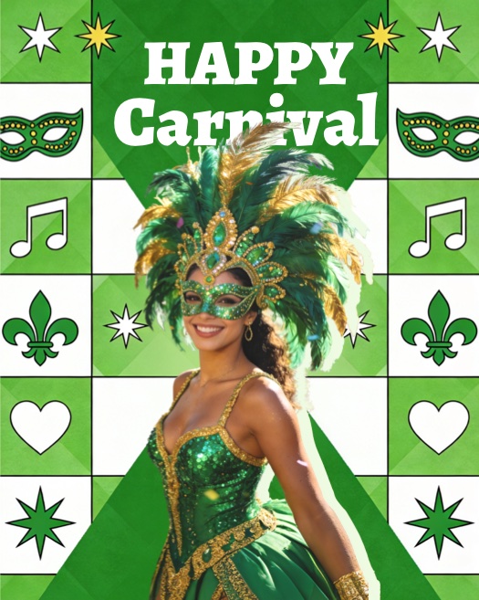 A festive carnival-themed photo collage template with a green and white checkerboard background, featuring a woman in a sequined green costume, masks, music notes, and 'Happy Carnival' text.