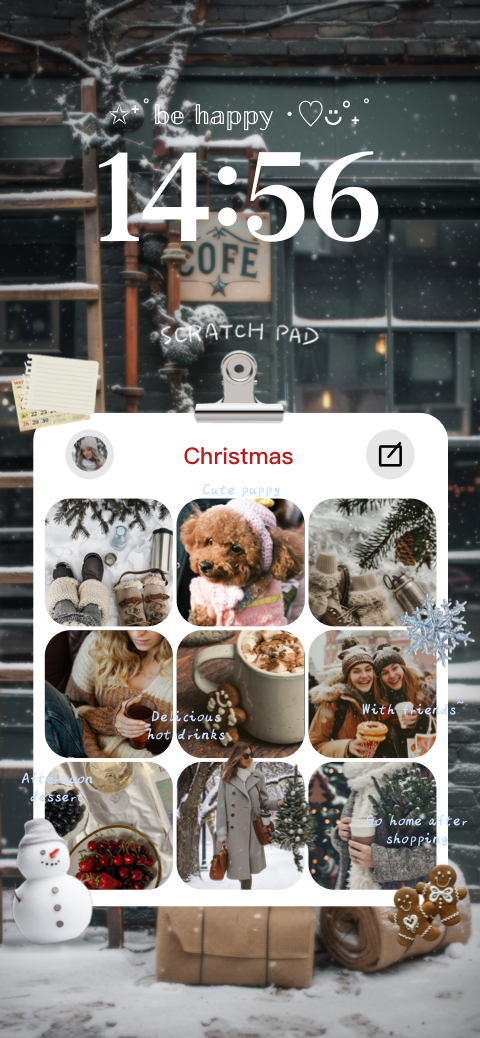 Cozy winter aesthetic phone wallpaper template featuring a Christmas photo collage, snowman, and gingerbread stickers.