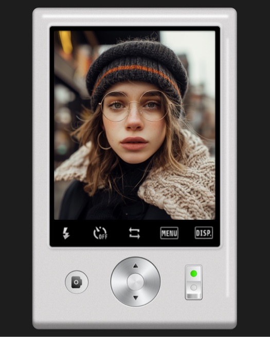 Foto-Collage-Vorlage im Design eines alten silbernen Digitalkamera-Displays mit Menüsymbolen.