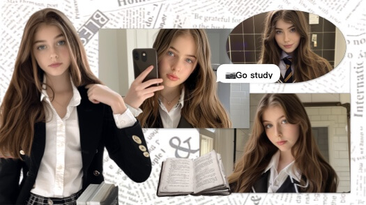 Fotocollage-Vorlage im Zeitungsstil mit Fotos einer Schülerin, einem Buch und einem 'Go study' Aufkleber auf einem Zeitungshintergrund.