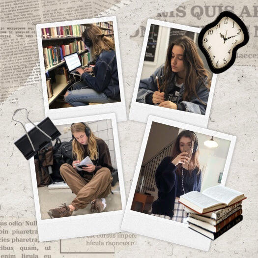 Vintage study collage with four polaroid photos on newspaper background with a melting clock and stack of books.