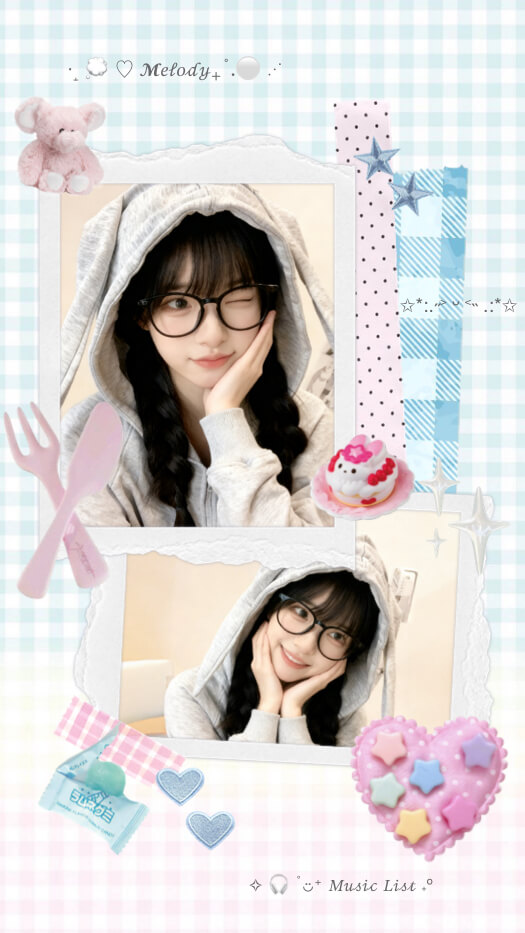 A vertical collage with a light blue checkered background, two ripped paper photo frames, and cute stickers like a pink heart, candy, and a toy elephant.