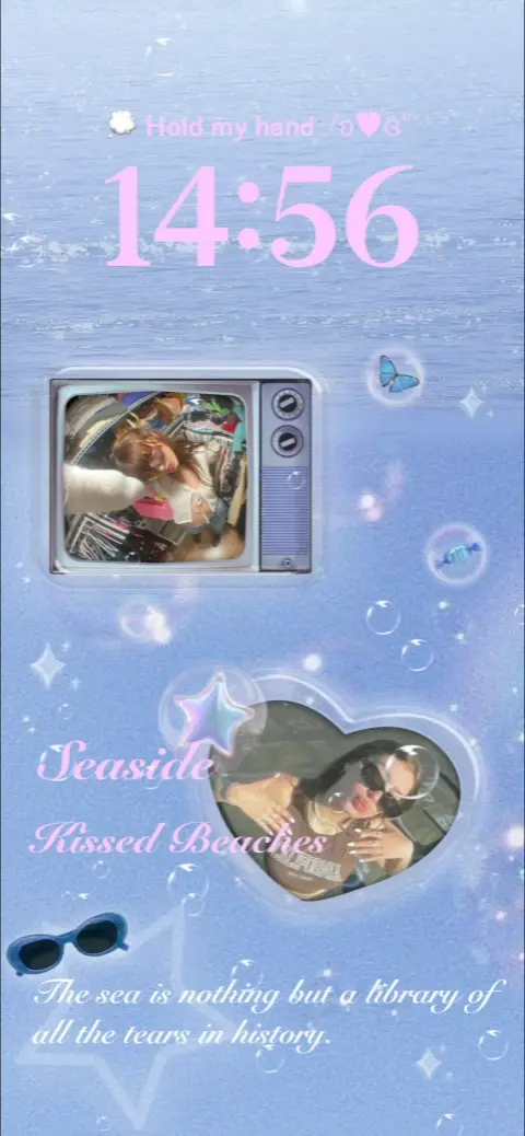 Plantilla de fondo animado con tema de océano azul, con un marco de televisión retro y un corazón para fotos personalizadas.