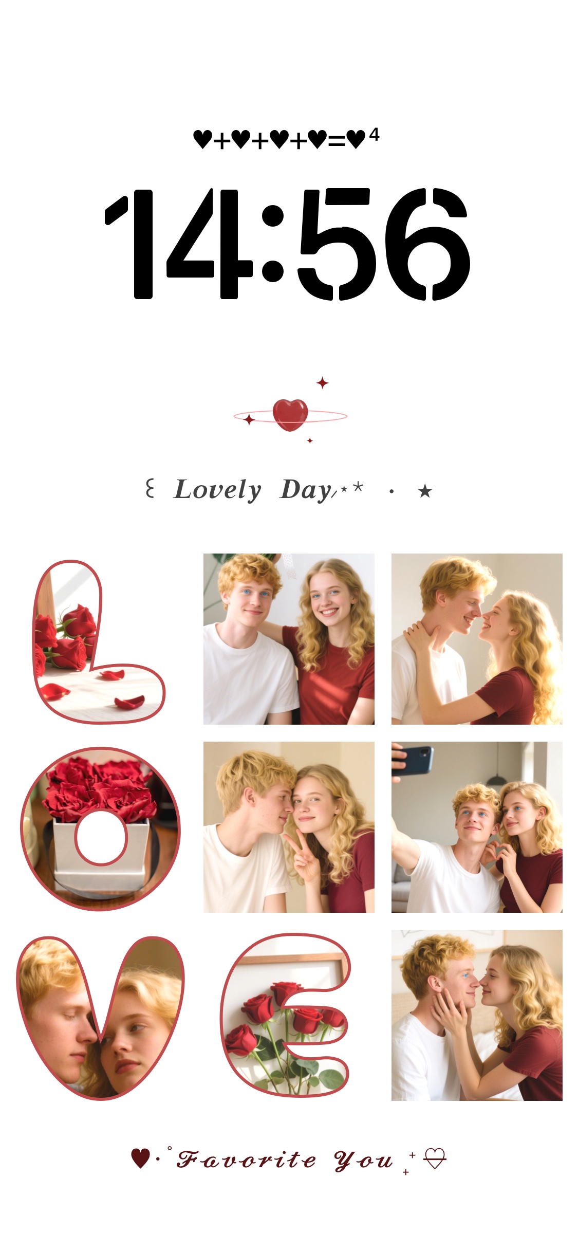 A static white wallpaper template featuring the word 'LOVE' as photo frames alongside square photo slots, including a couple and roses.
