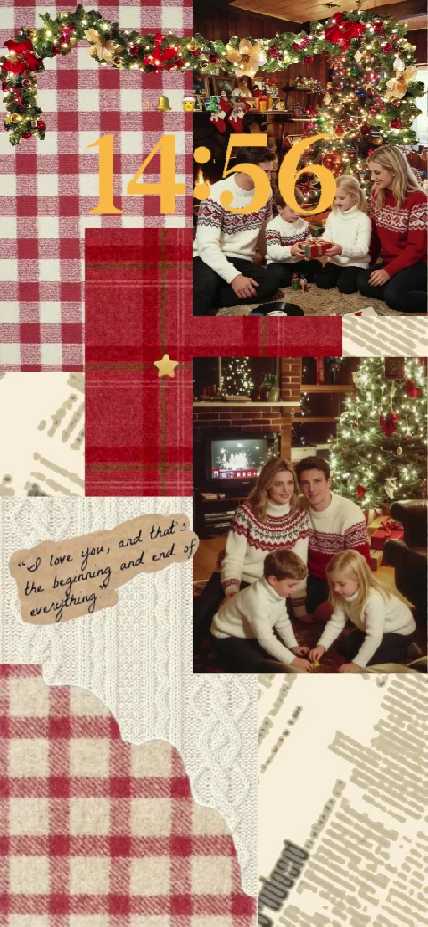 Cozy Christmas family photo collage live wallpaper with red plaid patterns and festive holiday decorations.