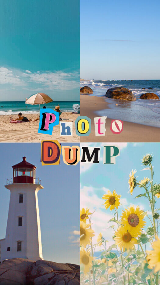 A 4-grid photo collage for summer travel. Top-left shows a sunny beach with an umbrella; top-right features beach waves and rocks; bottom-left shows a lighthouse; bottom-right features yellow sunflowers. Overlaid in the center is "Photo DUMP" text in colorful ransom-note style cutout letters.