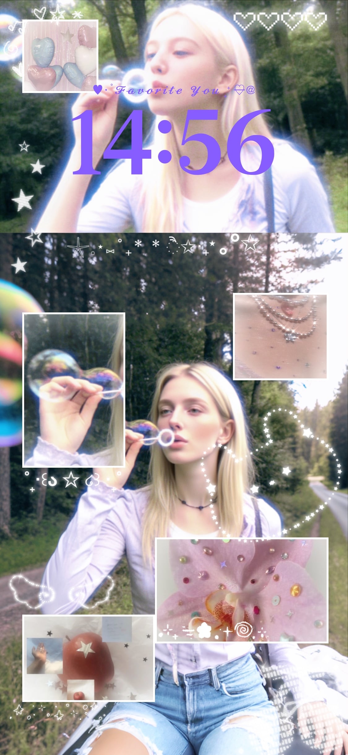 Aesthetic Y2K girl collage wallpaper template with bubbles, stars, and soft pink heart stickers for phone customization.