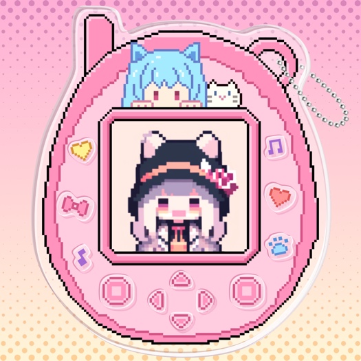 Kawaii pink pixel art virtual pet photo frame with cute cat ears and Y2K aesthetic decorations for single photos.
