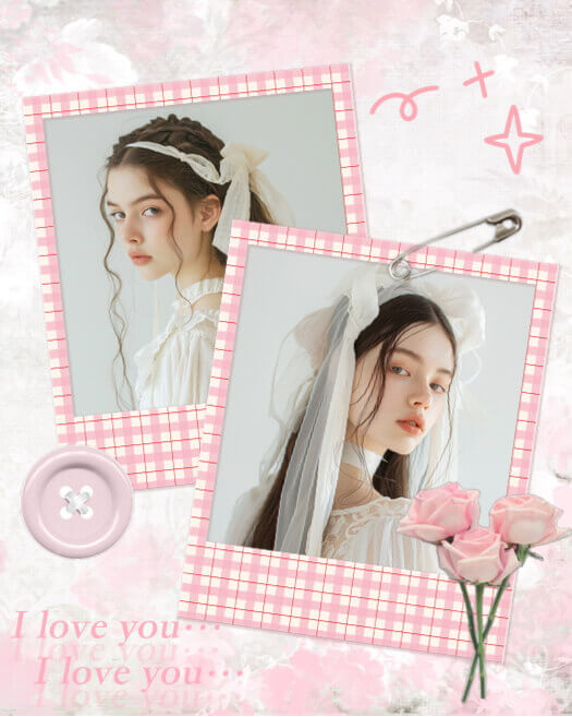 A pink coquette-themed photo collage with two overlapping gingham polaroid frames, roses, a safety pin, and a button.