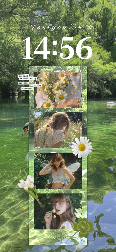 Vertikale Wallpaper-Vorlage mit grünem Fluss-Hintergrund und einer 4-Foto-Collage zum Personalisieren mit Blumen und Naturmotiven.