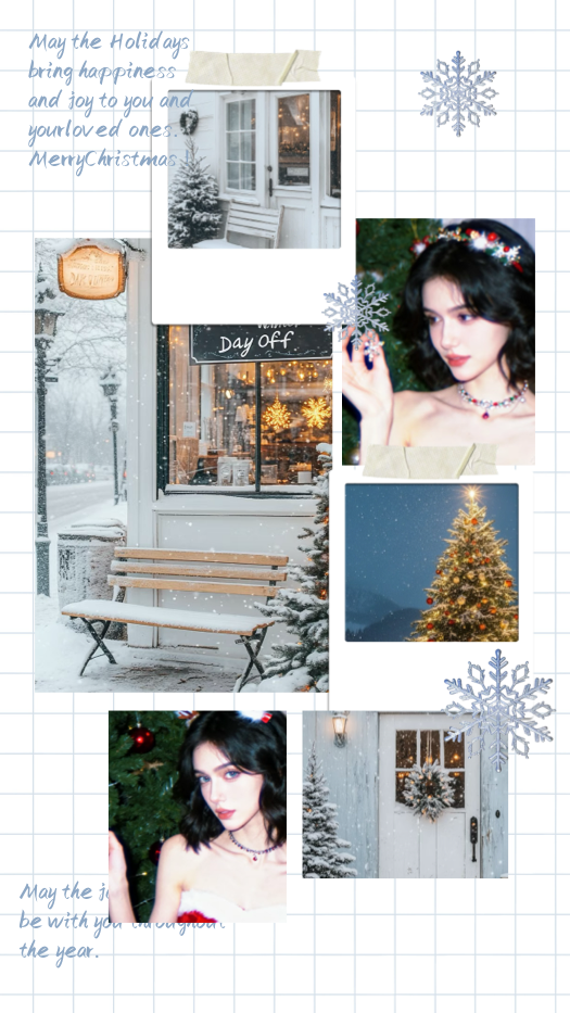Aesthetic 6-photo Christmas scrapbook collage with snowflakes, washi tape, and polaroid frames on a grid paper background.