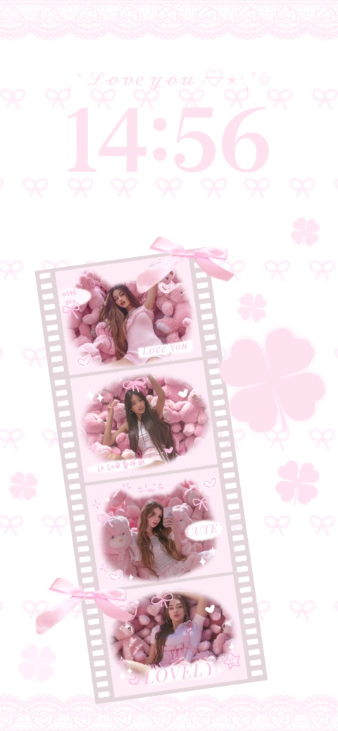Soft pink coquette filmstrip wallpaper template with bows, lace, and customizable photo slots for a trendy mobile look.