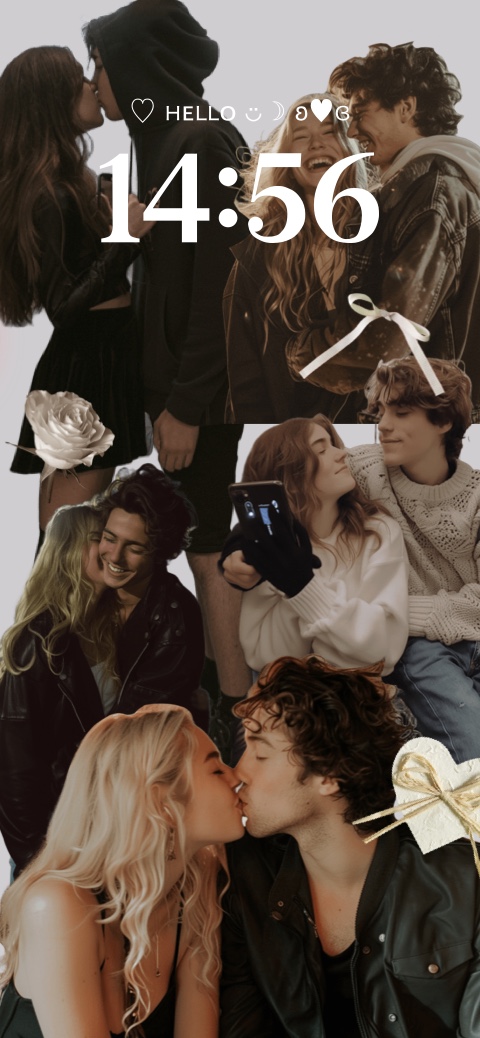 Eine anpassbare statische Wallpaper-Vorlage mit einer romantischen Pärchen-Collage und Vintage-Deko-Elementen.