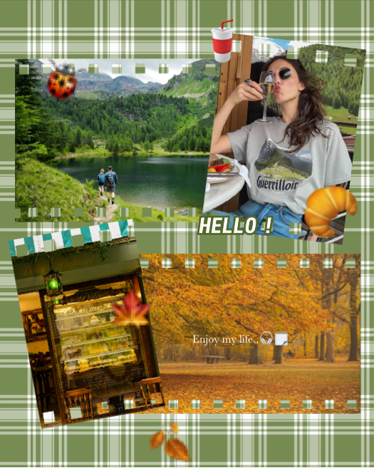 A collage template with a green and white plaid background featuring four film strip photo frames showing nature, travel, and lifestyle images with autumn leaf and food stickers.