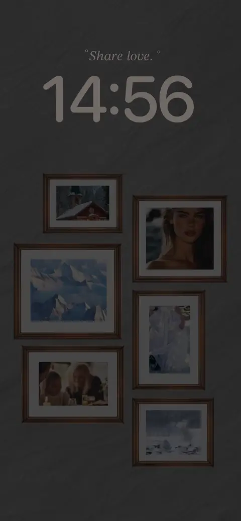 A charcoal textured background featuring six wooden picture frames in a gallery wall layout, designed as a customizable live wallpaper template.
