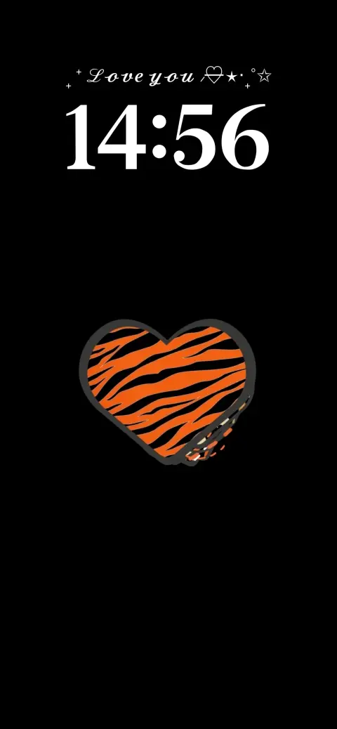 Minimalist black live wallpaper template featuring an orange and black tiger print heart with Love You text and a clock.