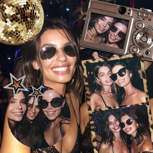 Fotocollage im Y2K-Stil mit Party-Fotos, einem Digitalkamera-Rahmen, einer goldenen Discokugel und Leopardenmuster-Details.