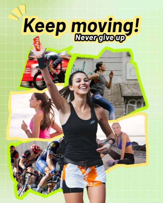A sports-themed collage template with a neon green grid background. It features a central photo of a woman running and surrounding organic-shaped frames showing cycling and jogging. Bold text reads 'Keep moving! Never give up'.