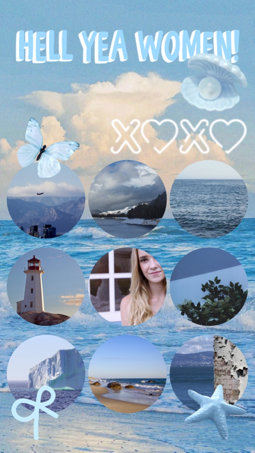 Blue ocean collage template with nine circular photo frames, aesthetic butterfly, pearl shell, and starfish decorations.