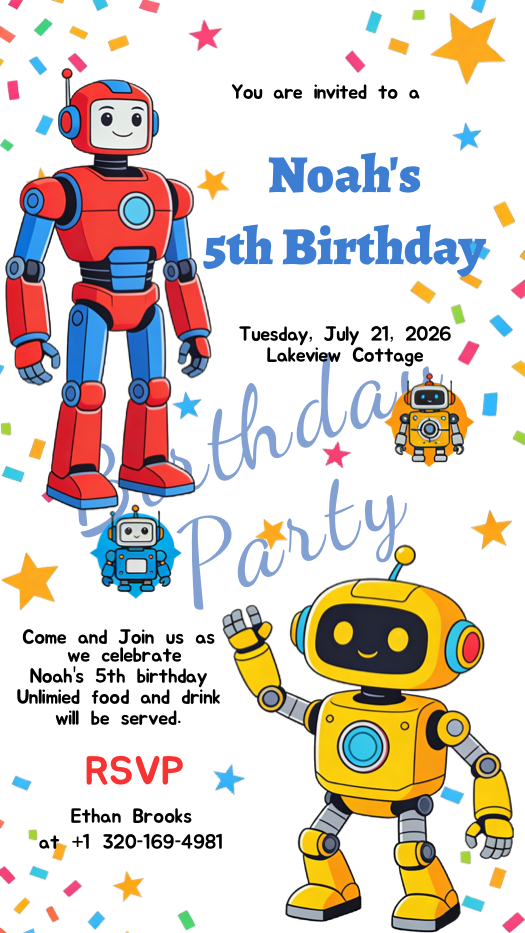 Robot themed kids birthday invitation with red and yellow cartoon robots and colorful star confetti background.