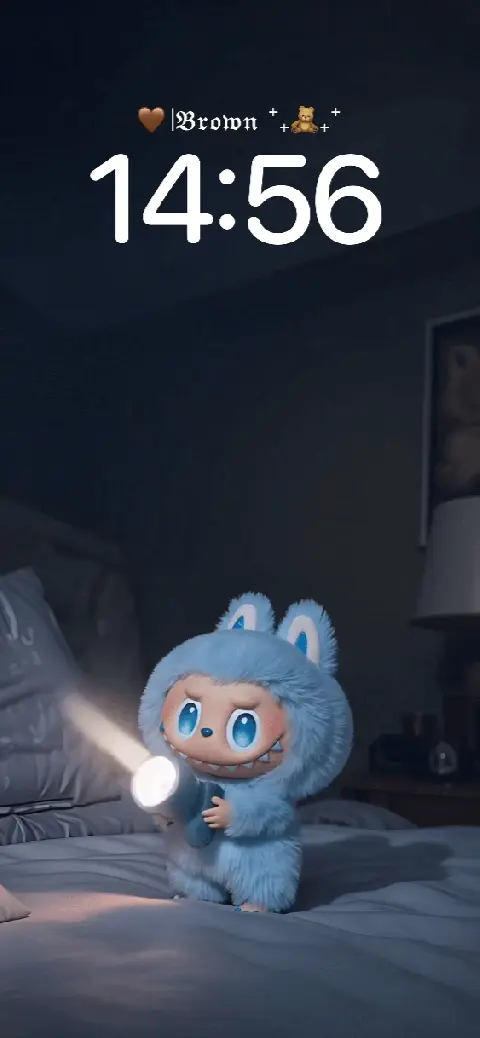 3D cute blue monster wearing a fluffy bunny hoodie holding a flashlight in a dark room, mobile live wallpaper template.