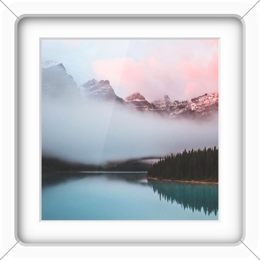 Modern white beveled frame for a single photo collage featuring a misty mountain lake landscape.