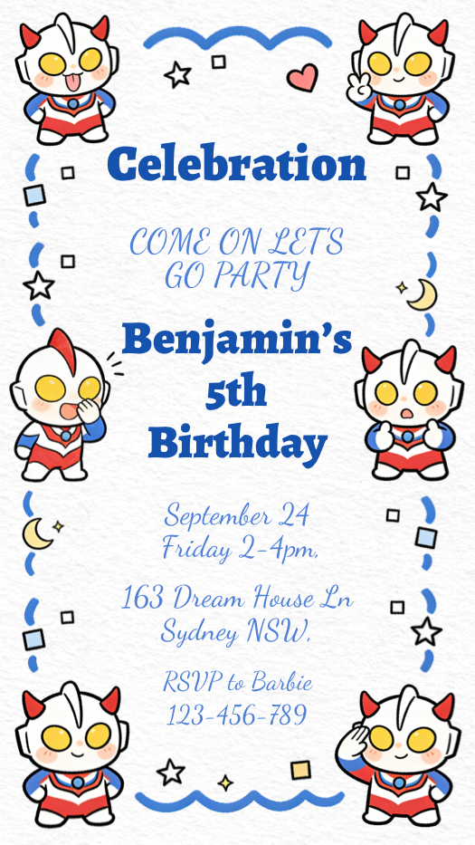 Cute chibi Ultraman characters surrounding blue birthday invitation text on a white textured background for a 5th birthday.