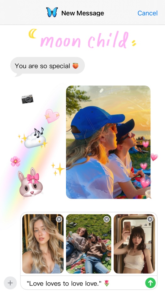 A photo collage template designed like an iMessage chat window. It features a large central photo, three smaller photos at the bottom, a 'moon child' header, chat bubbles, and stickers including a rainbow, bunny, camera, and hearts.