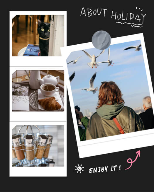 Fotocollage-Vorlage mit 4 Plätzen auf schwarzem Hintergrund. Rechts ein großer, schräger Polaroid-Rahmen, links drei kleine vertikale Rahmen. Dekorative handgeschriebene Texte und Icons.