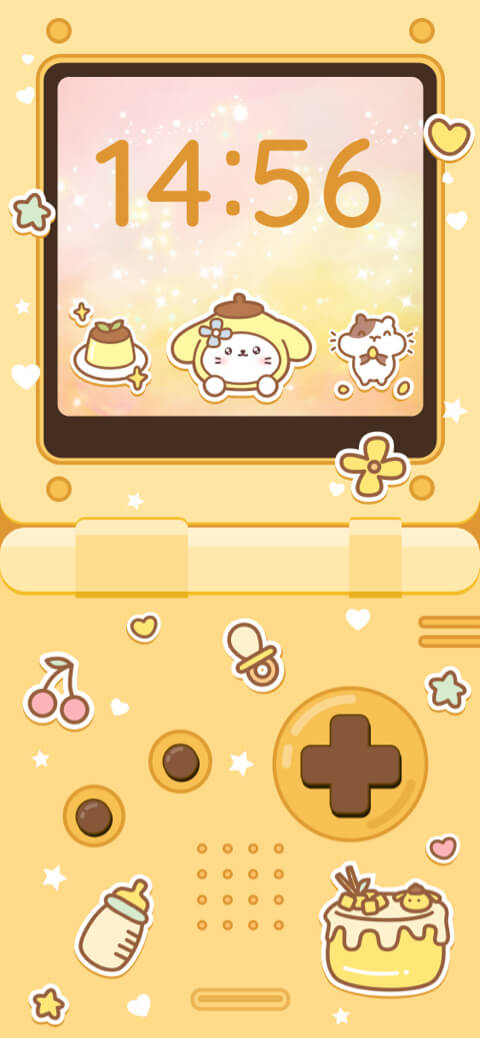 Aesthetic yellow kawaii retro gaming console wallpaper template with cute dog stickers and pastel pudding theme.