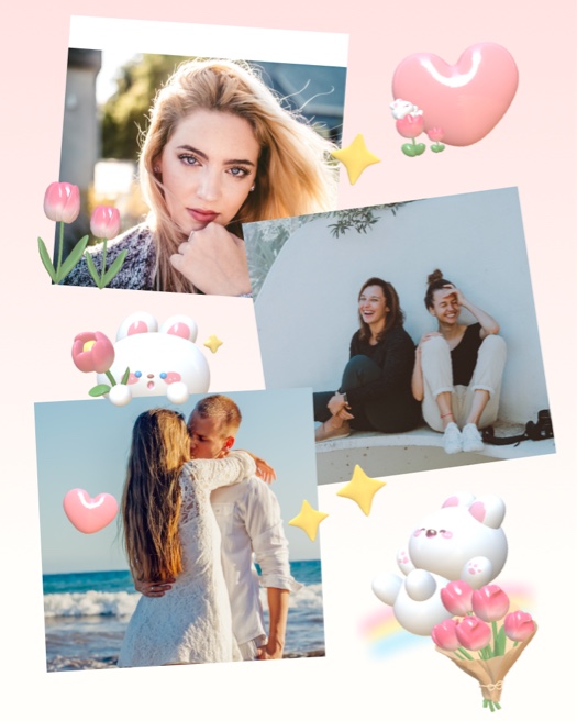 A soft pink collage template featuring three photo placeholders in a freestyle scrapbook arrangement, decorated with 3D white bunnies, pink tulips, glossy hearts, and yellow stars.