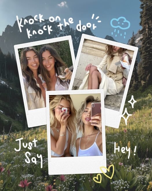 Three overlapping Polaroid-style photo frames over a mountain landscape background with wildflowers. Includes hand-drawn white doodles of clouds, stars, hearts, and text saying 'Knock on the door' and 'Just Say Hey!'.