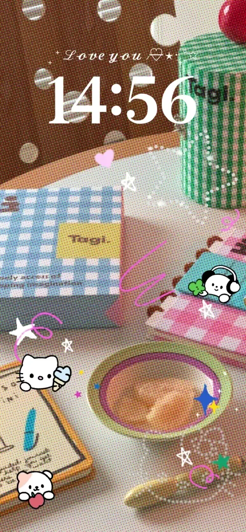 Modèle de fond d'écran animé personnalisable représentant un bureau avec des fournitures scolaires et des autocollants mignons.