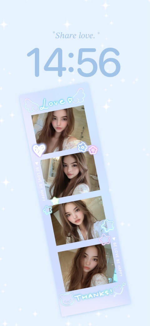 Modèle de fond d'écran statique esthétique bleu clair avec un cadre de bande photo à quatre fentes et des décorations d'étoiles.