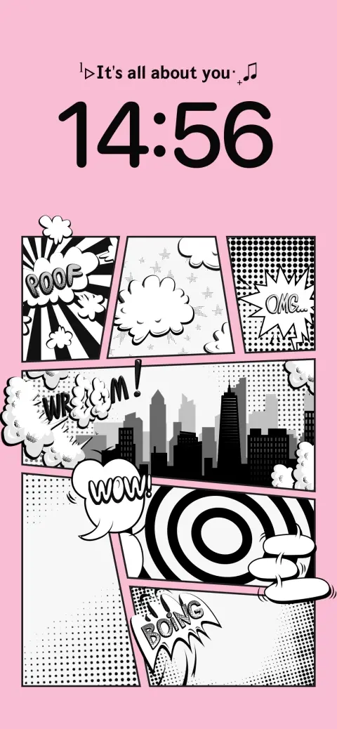 Eine rosa und schwarze Live-Wallpaper-Vorlage im Comic-Stil mit anpassbaren Fotofeldern und Sprechblasen.