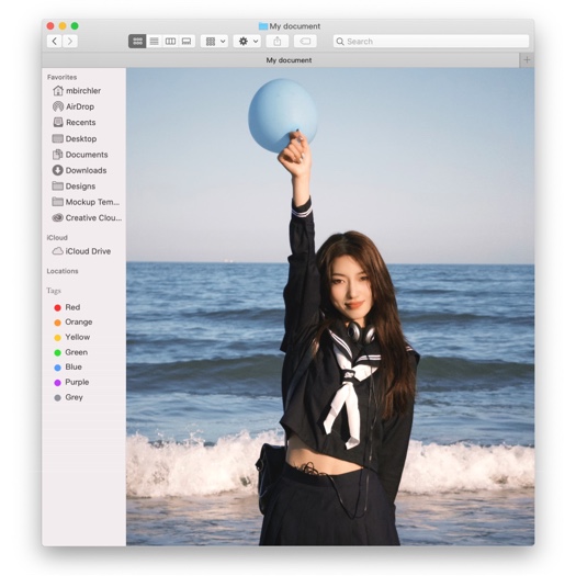 A photo collage template designed to look like a macOS Finder window labeled 'My document'. Inside the window is a photo of a girl in a school uniform holding a blue balloon at the beach.