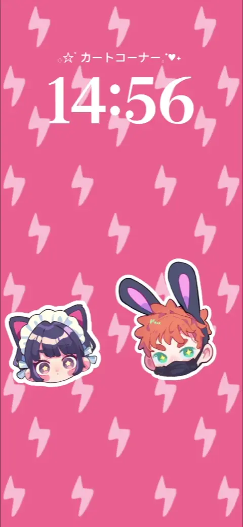 A pink DIY live wallpaper template featuring lightning bolt patterns and two anime chibi character stickers with cat and bunny ears.