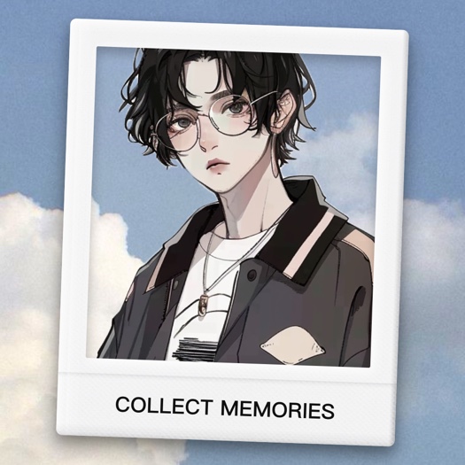 Aesthetic polaroid collage template featuring an anime boy illustration and the text Collect Memories on a white frame.