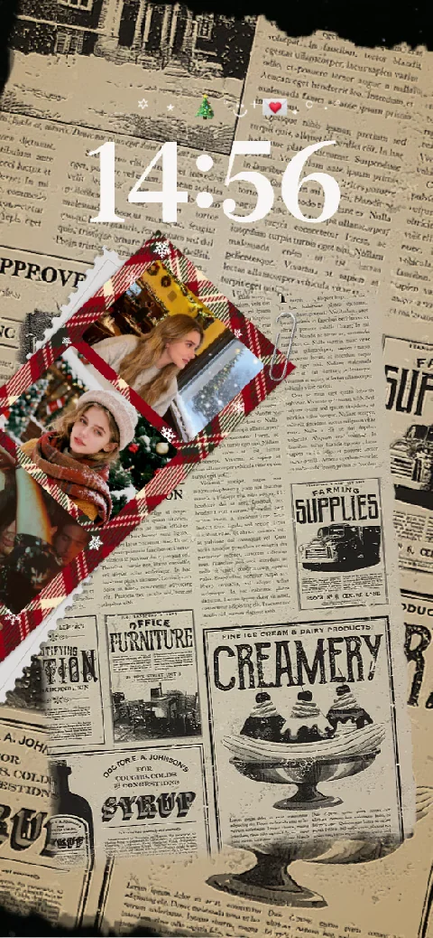 Aesthetic vintage newspaper collage live wallpaper template with Christmas photos and red plaid pattern.