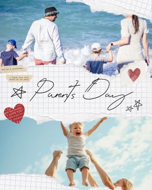 Parents' Day collage template with ripped paper edges, family beach photos, grid background, and hand-drawn stars and hearts.