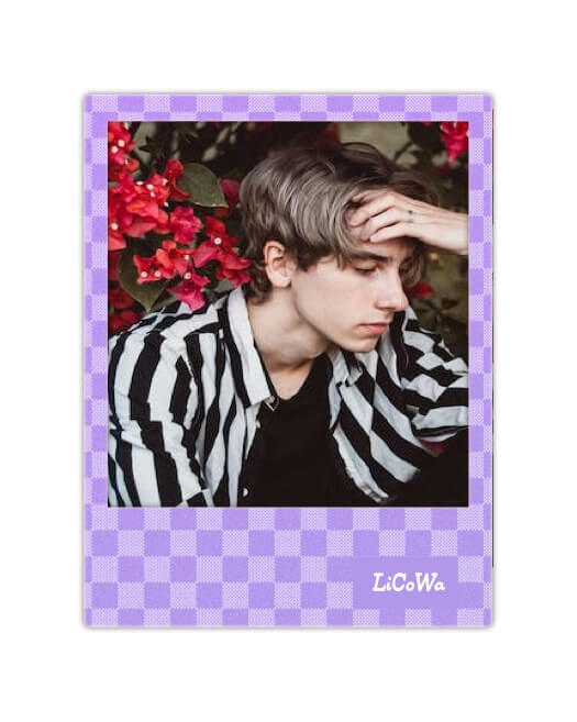 A single photo collage template featuring a purple checkerboard Polaroid frame around a portrait of a young man.